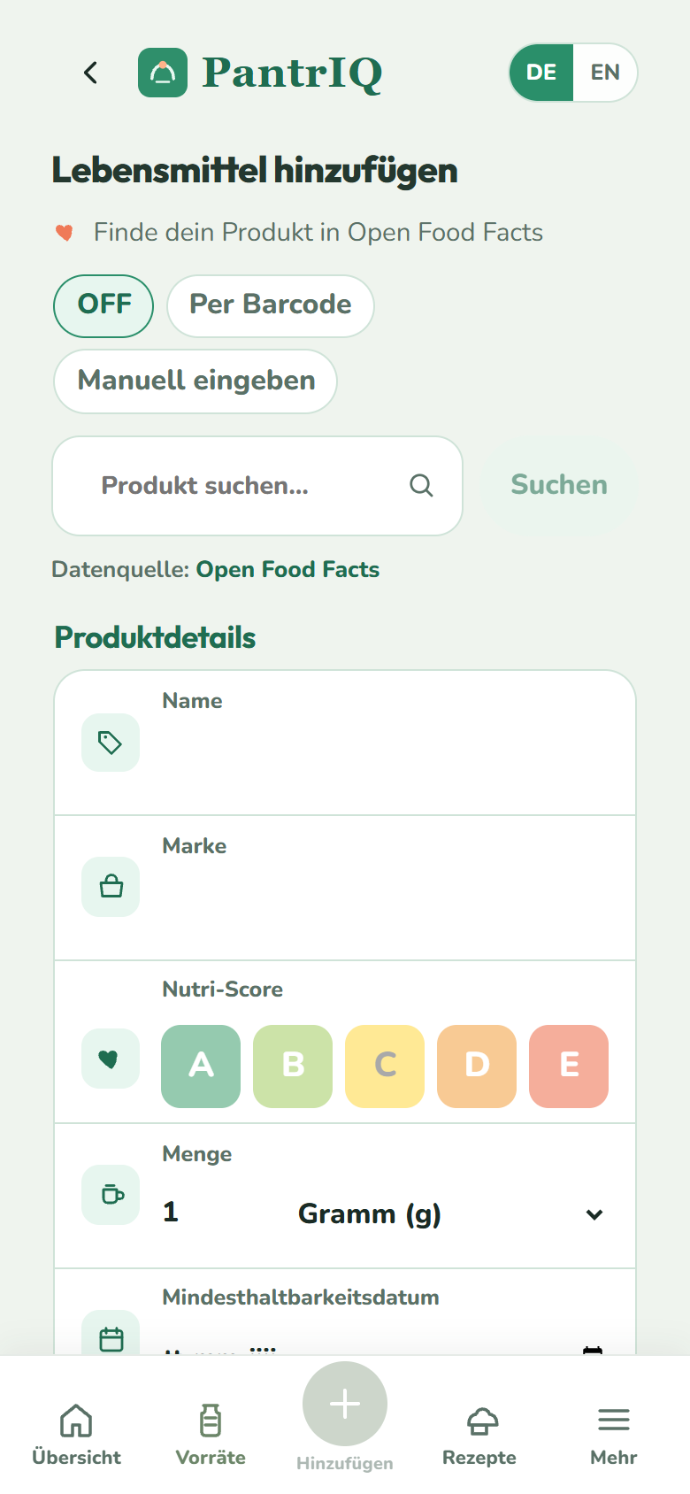 PantrIQ Lebensmittel hinzufügen